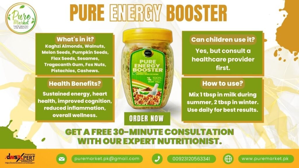 Pure Energy Booster jar with natural ingredients and health benefits displayed.