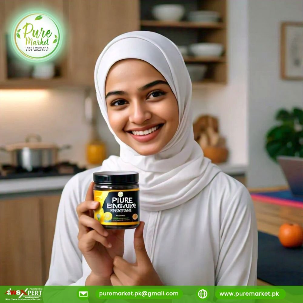 Smiling woman in a white hijab holding Pure Energy Booster jar, promoting healthy energy supplement.