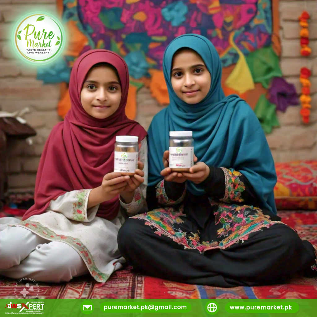 wo young girls holding Pure Energy Booster supplements by Pure Market, promoting natural health products.